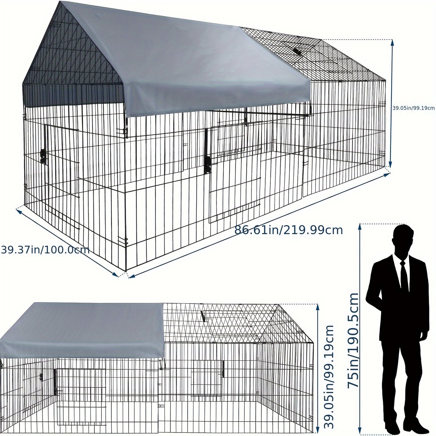 Kippenhok – Kippenren – Pluimveehok – Buitenren – Kippenkooi – Metalen Kippenren – Waterdichte UV-bestendige Cover – Afmeting 218x102x102 cm