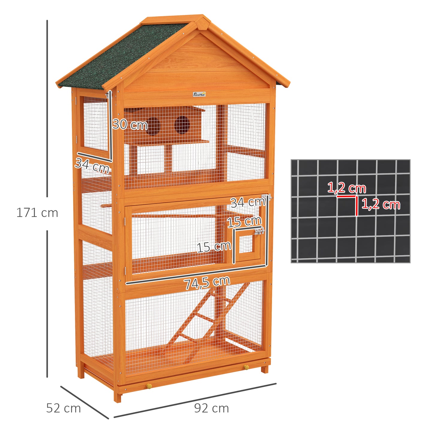 Vogelkooi – Vogelkooi Hout – Papegaaienkooi – Buitenkooi – Parkietenkooi – Ruim Formaat 92x52x171 cm – Waterdicht Asfalt Dak – Oranje