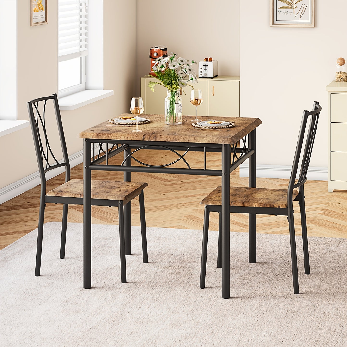 Eettafelset – Keukentafelset – Eethoek – Zitgroep – Tafel met Stoelen – Compact Design – MDF Hout en Stalen Frame – Bruin Met Zwarte Accenten