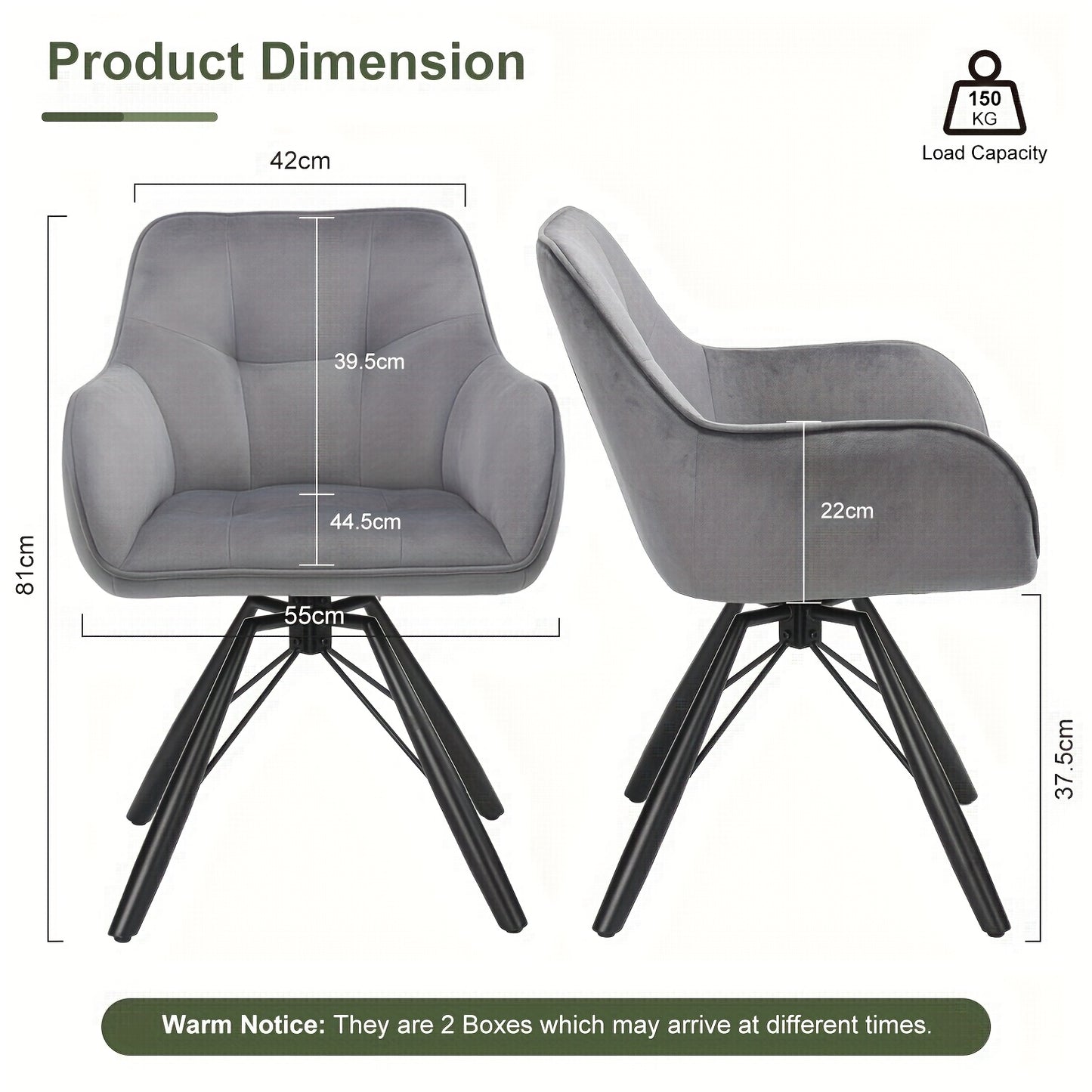 Draaibare Eetkamerstoel – Fluwelen Zitting – 360° Swivel – Grijs/Zwart