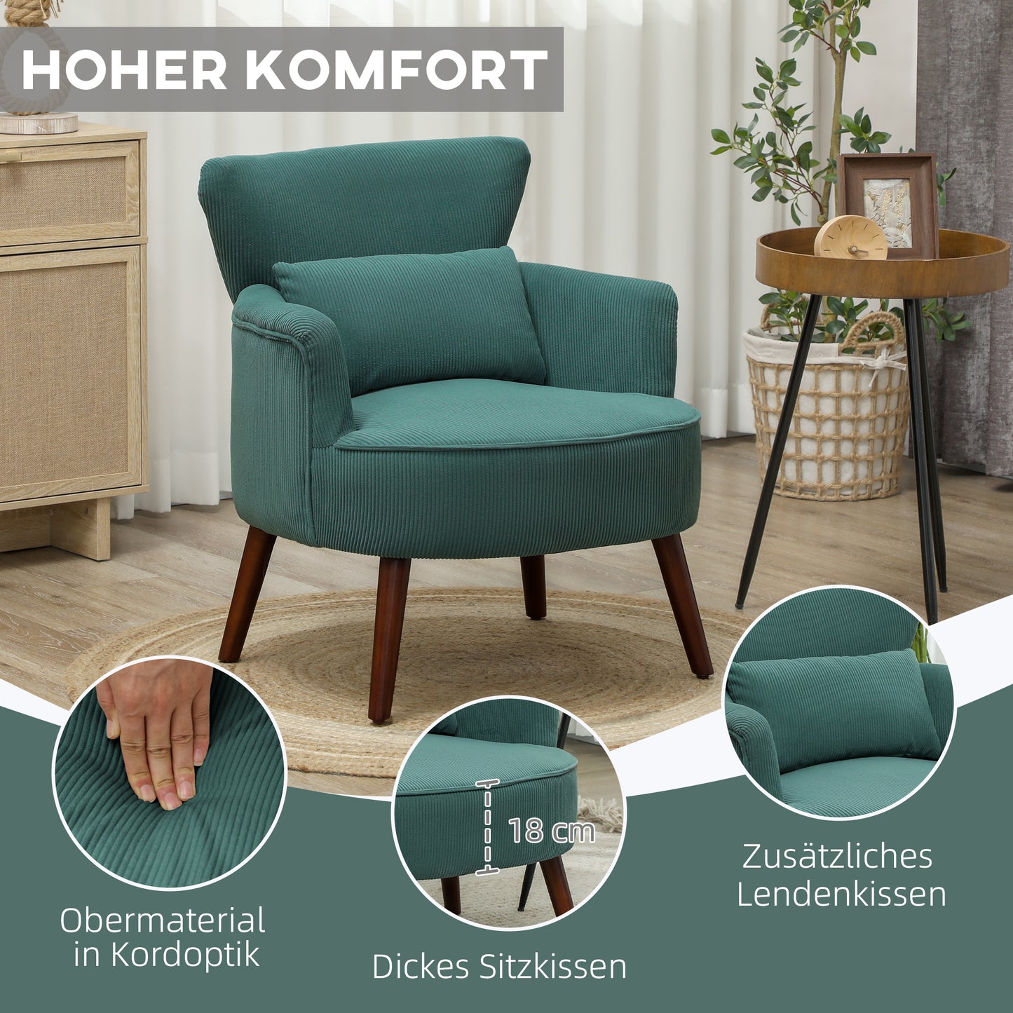 Fauteuil – Armstoel – Lounge Stoel – Zetel – Accentstoel – Donkergroen – Ergonomisch Lendenkussen – Rubberhouten Poten