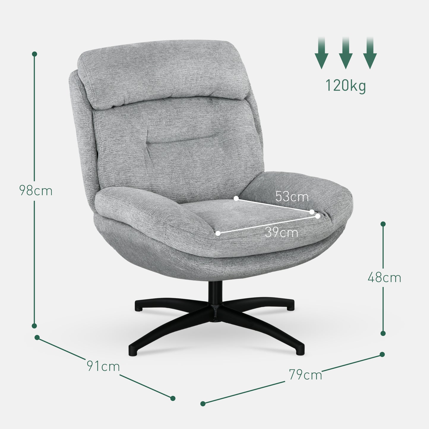Draaifauteuil – Draaistoel – Relaxstoel – Fauteuil – Stoel – 360 Graden Draaibaar – Chenille Stof Grijs – Met Zwarte Stalen Poten – Geïntegreerde Armleuningen – Ergonomisch Comfort
