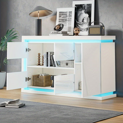 Dressoir – Ladekast – Opbergkast – Buffetkast – Wandkast – Hoogglans Wit – 140x40x84 cm – 4 Compartimenten Met Gehard Glas