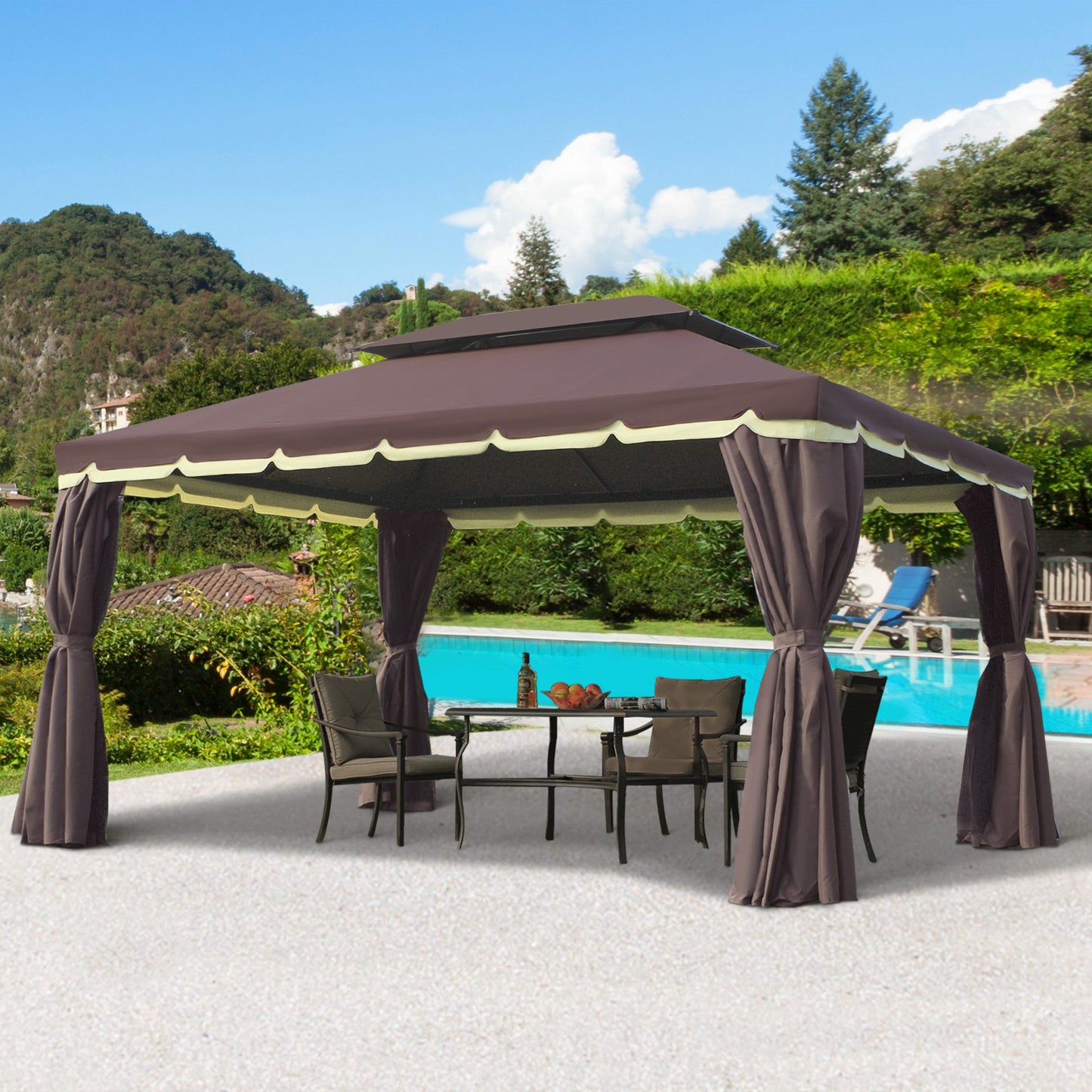 Tuinpaviljoen – Tuinoverkapping – Pergola – Tuinkamer – Buitenverblijf – Chocoladebruin – Aluminium Frame – 4x3 Meter – Met Gordijnen en Muskietennetten