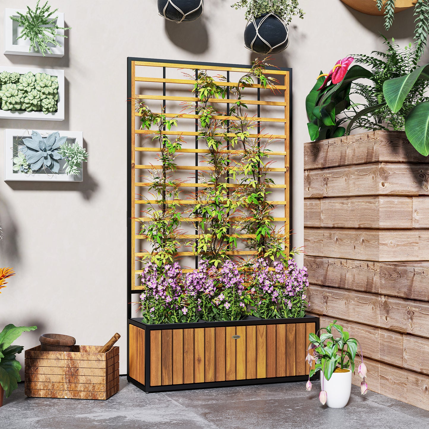 Verhoogde Plantenbak – Tuinbak – Bloembak – Plantenbak Met Klimrek – Balkonbak – Acaciahout En Staal – Drie Plantenvakken Met Drainage – Verstelbare Voeten 74x27x131 cm Teak