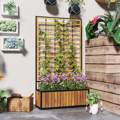 Verhoogde Plantenbak – Tuinbak – Bloembak – Plantenbak Met Klimrek – Balkonbak – Acaciahout En Staal – Drie Plantenvakken Met Drainage – Verstelbare Voeten 74x27x131 cm Teak