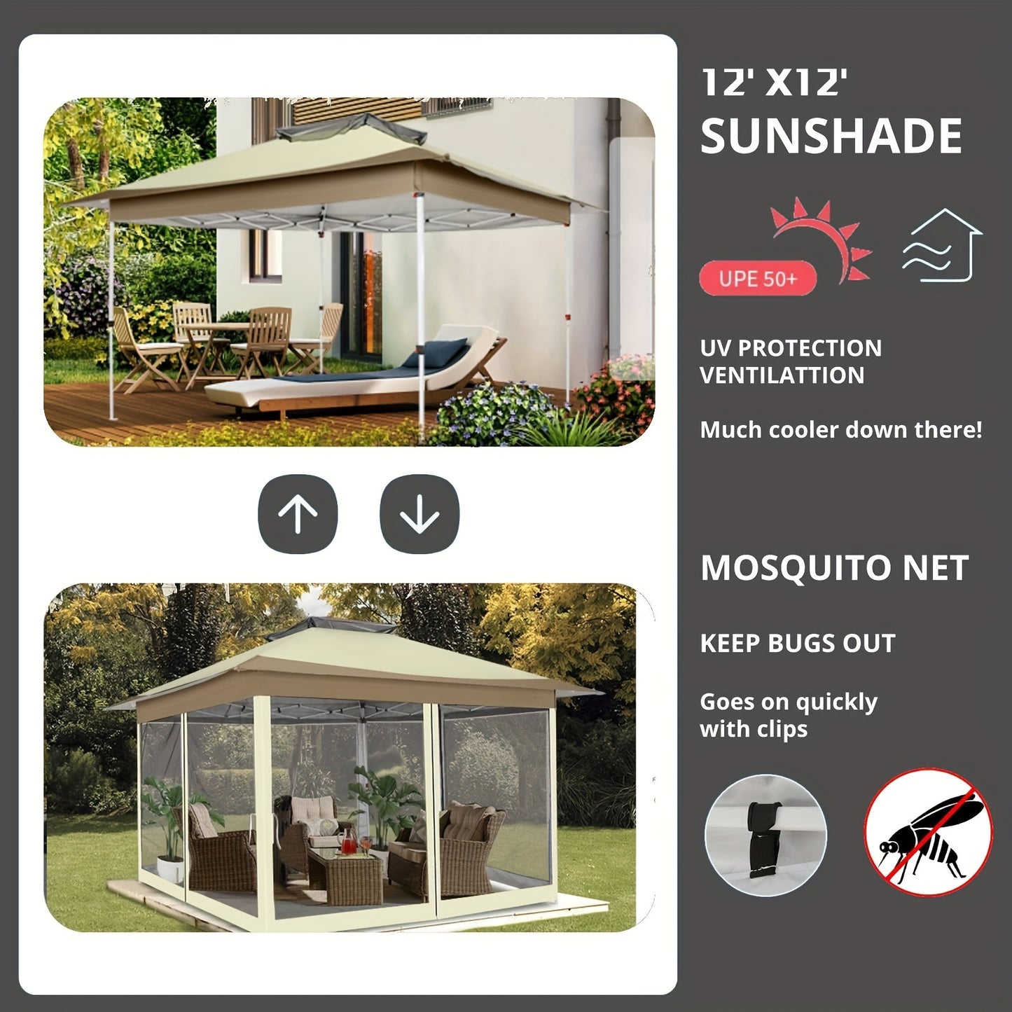 3.6*3.6m Outdoor Gazebo Pop Up Gazebo Canopy With Mosquito Netting Patio Gazebo Canopy Tent Backyard Canopy With 2-Tiered Vented Top 3 Adjustable Height And 144 Square Ft Of Shade