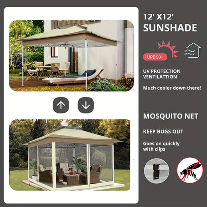 3.6*3.6m Outdoor Gazebo Pop Up Gazebo Canopy With Mosquito Netting Patio Gazebo Canopy Tent Backyard Canopy With 2-Tiered Vented Top 3 Adjustable Height And 144 Square Ft Of Shade