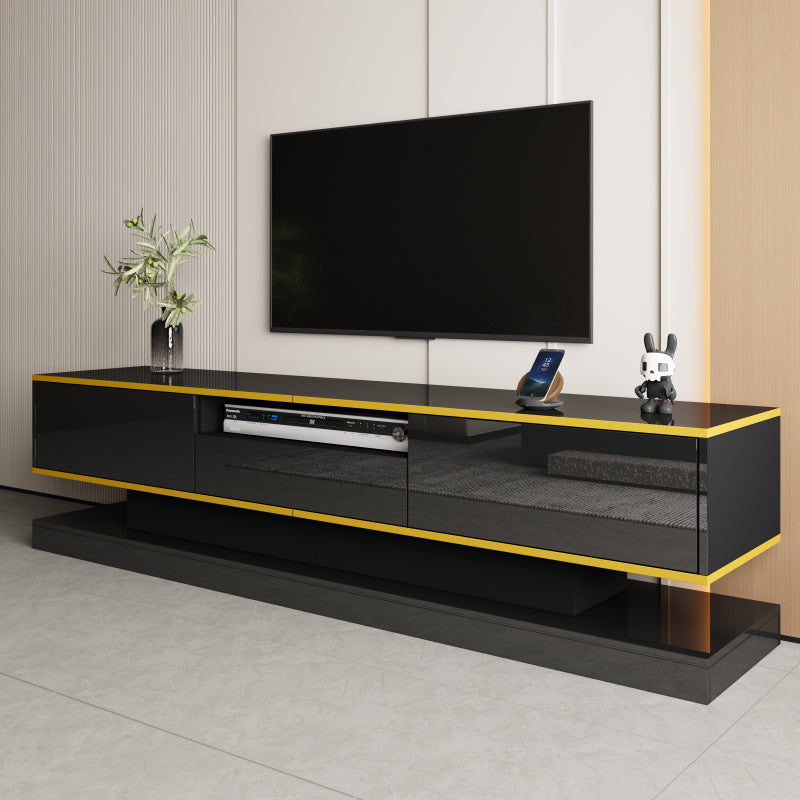 Modern Tv-meubel – Tv-kast – Entertainmentmeubel – Opbergmeubel – Woonkamermeubel – Zwart Hoogglans Met Gouden Accenten – 3 Laden + Open Vak Met Kleurveranderende LED – Ruimtebesparend 180x38x45 cm
