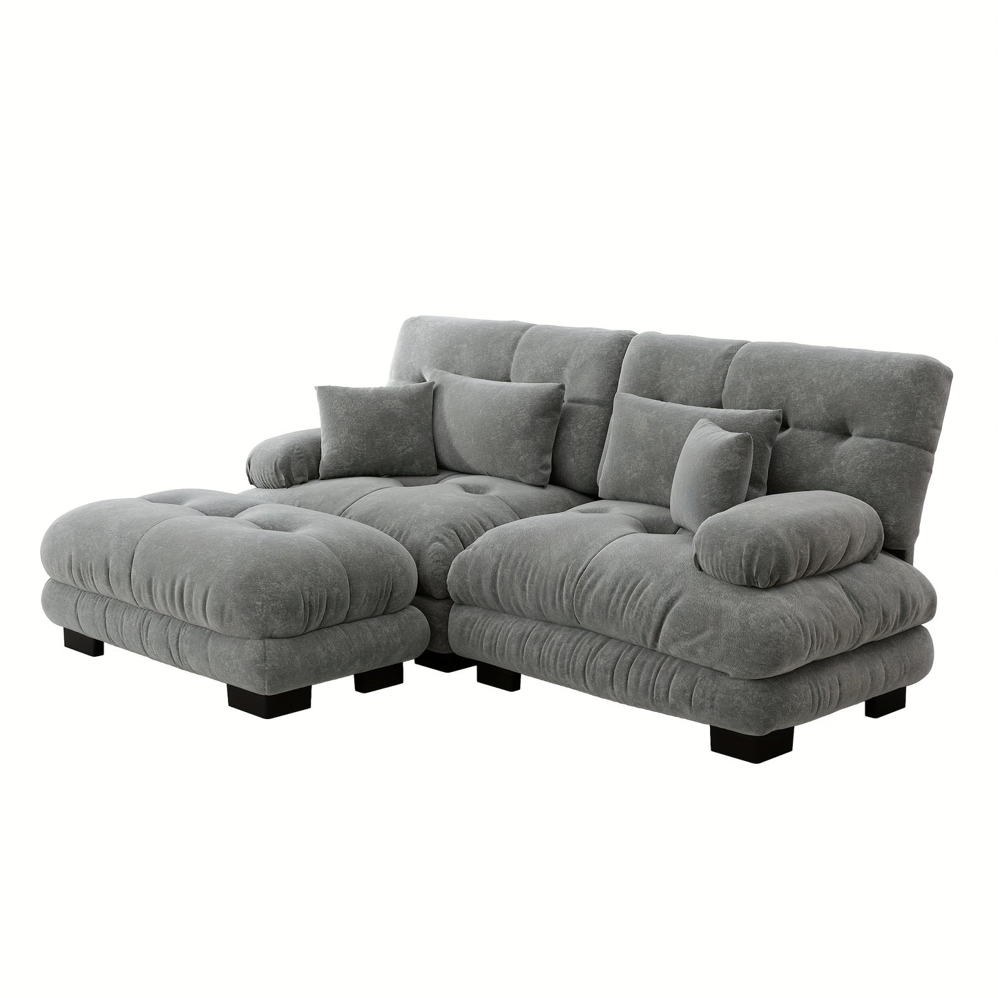 Living Room Cloud Corner Sofa, Chenille Loveseat with 2 Lumbar Cushions And 2 Decorative Pillows, Upholstered Sofa with Wide Armrests And Footstool