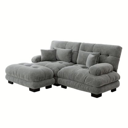 Living Room Cloud Corner Sofa, Chenille Loveseat with 2 Lumbar Cushions And 2 Decorative Pillows, Upholstered Sofa with Wide Armrests And Footstool