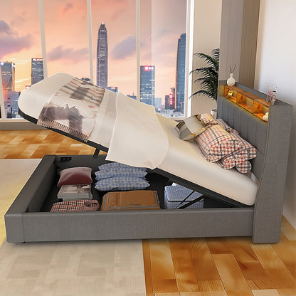 Tweepersoonsbed Frame 160x200 cm met Onderbed Opbergruimte – Modern Platformbed met USB LED, Verstelbare Hoogte (26 cm), Grijs Gestoffeerd Hoofdeinde & Voetbord