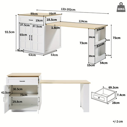 Uittrekbare Keukentafel – Uitklapbare Eettafel – Verstelbare Tafel – Uitbreidbare Tafel – Keukenmeubel – Wit/Zwart – Verstelbaar 133-202 cm – Met Opbergruimte en Wieltjes