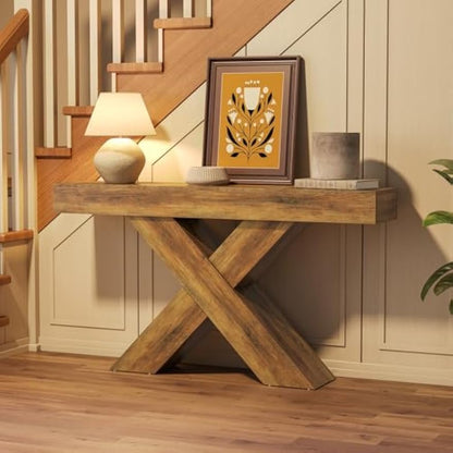 55-Inch Industrial Rustic Console Table - X-Shaped Narrow Entryway Table with Engineered Wood Top, Freestanding Sofa Table for Living Room, Foyer, Hallway - Easy Assembly, No Power Needed, Rustic Brown Finish, Console Table f