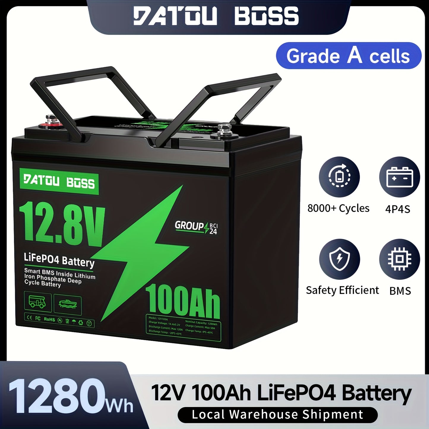 DATOUBOSS 12.8V 100Ah LiFePO4 Battery with Smart BMS (100A) - 4000+ Cycles, 10-Year Lifespan, Low-Temp Proof Lithium Battery for RV, Solar, Boat, Off-Grid - Compatible with 24-Group Systems, 1/3 Weight & 5120Wh Scalable (for,