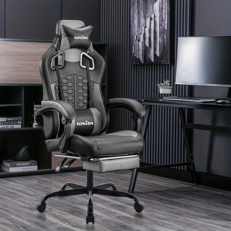 Gamingstoel – Gamestoel – Gaming Chair – Game Stoel – Bureaustoel – Ergonomisch – Verstelbare Lendensteun & Hoofdsteun – Met Metalen Frame & Voetensteun - Grijs en Zwart