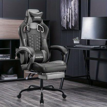 Gamingstoel – Gamestoel – Gaming Chair – Game Stoel – Bureaustoel – Ergonomisch – Verstelbare Lendensteun & Hoofdsteun – Met Metalen Frame & Voetensteun - Grijs en Zwart