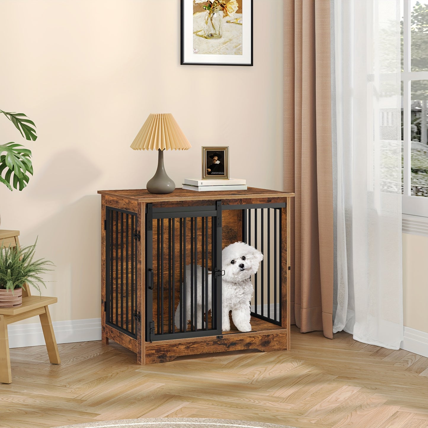 Hondenbench – Hondenkooi – Hondenkennel – Hondenhok – Hondenverblijf – Rustiek Bruin – Metalen Frame – Schuifdeur – Anti-Kauw – Anti-Ontsnapping