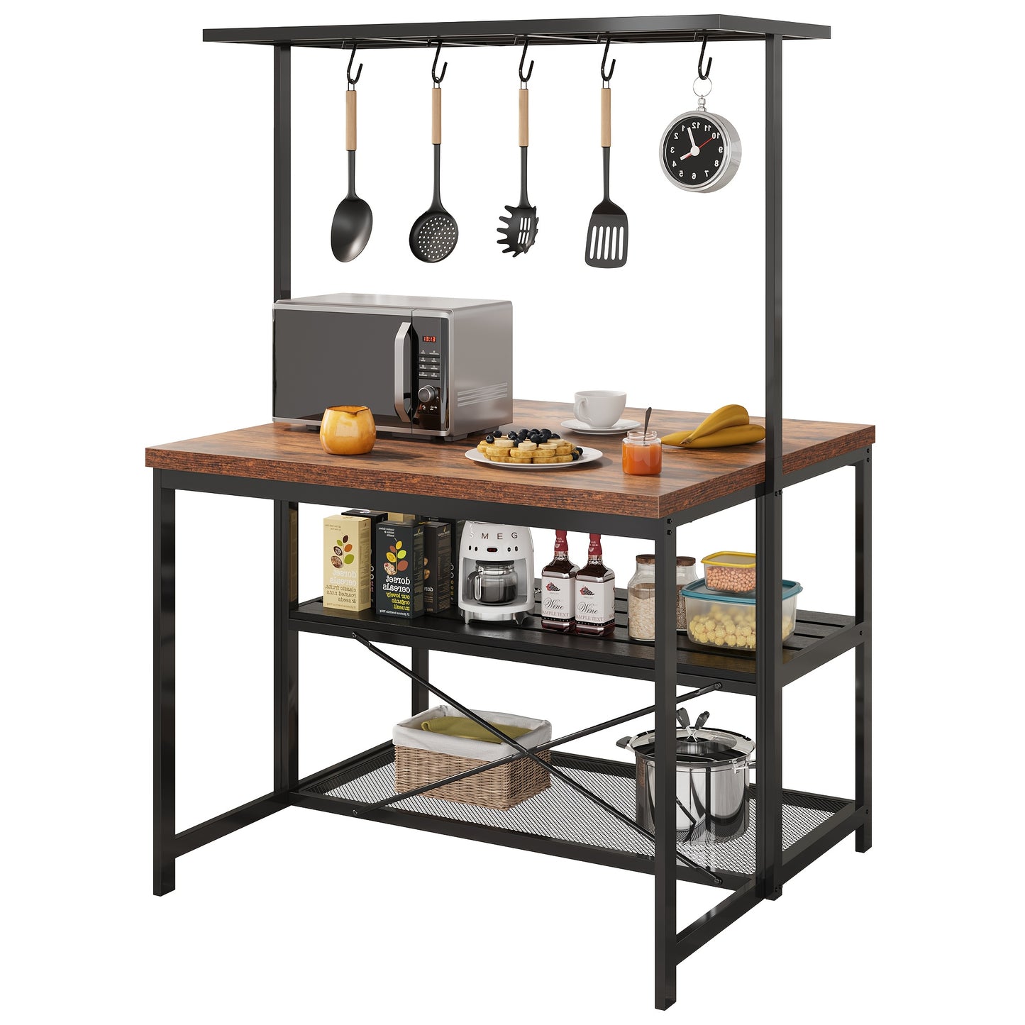 Bakers Rack – Keukenrek – Magnetronstandaard – Opbergrek – Koffiebar – Robuust Metaal – 106 cm Breed – 3-laags Met 5 Haken – Mobiel Met Wieltjes - Bruin