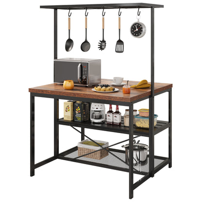 Bakers Rack – Keukenrek – Magnetronstandaard – Opbergrek – Koffiebar – Robuust Metaal – 106 cm Breed – 3-laags Met 5 Haken – Mobiel Met Wieltjes - Bruin