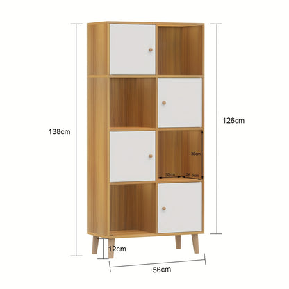 Boekenkast – Boekenrek – Opbergkast – Vakkenkast – Kast – Hout – 4 Deuren – 8 Vakjes – 64,5x30x140,5 cm – Vrijstaand Met Houten Poten