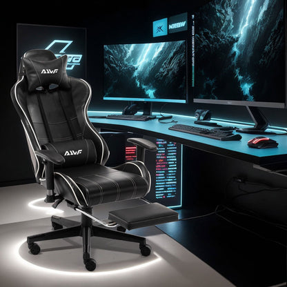 Gamingstoel – Game Stoel – PC Stoel – Bureaustoel – Racestoel – Ergonomische Lendensteun – Verstelbare Rugleuning met Voetensteun – Zwart Wit PU Leder