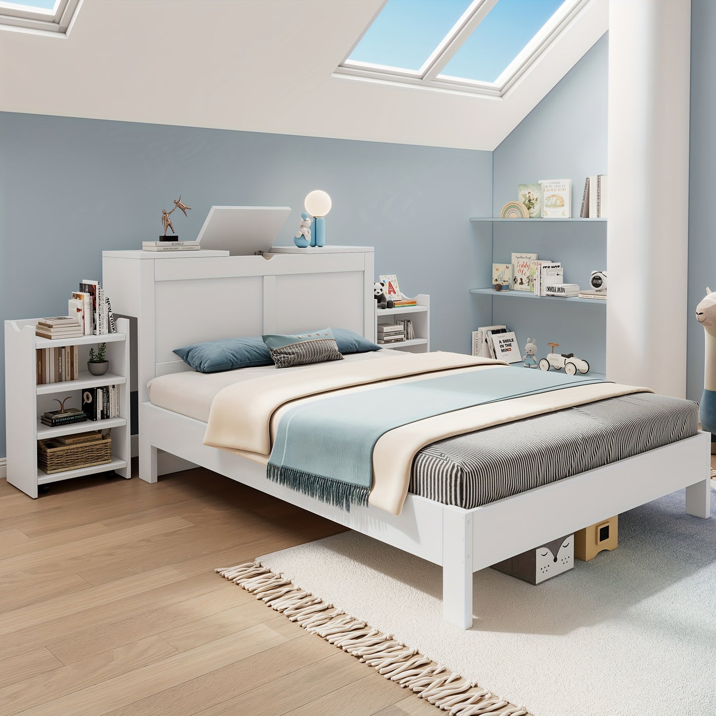 Bedframe – Tweepersoonsbed – Slaapbank – Kinderbed – Meubel – Wit – Bamboe Materiaal – Hoofdeinde Met Opbergruimte