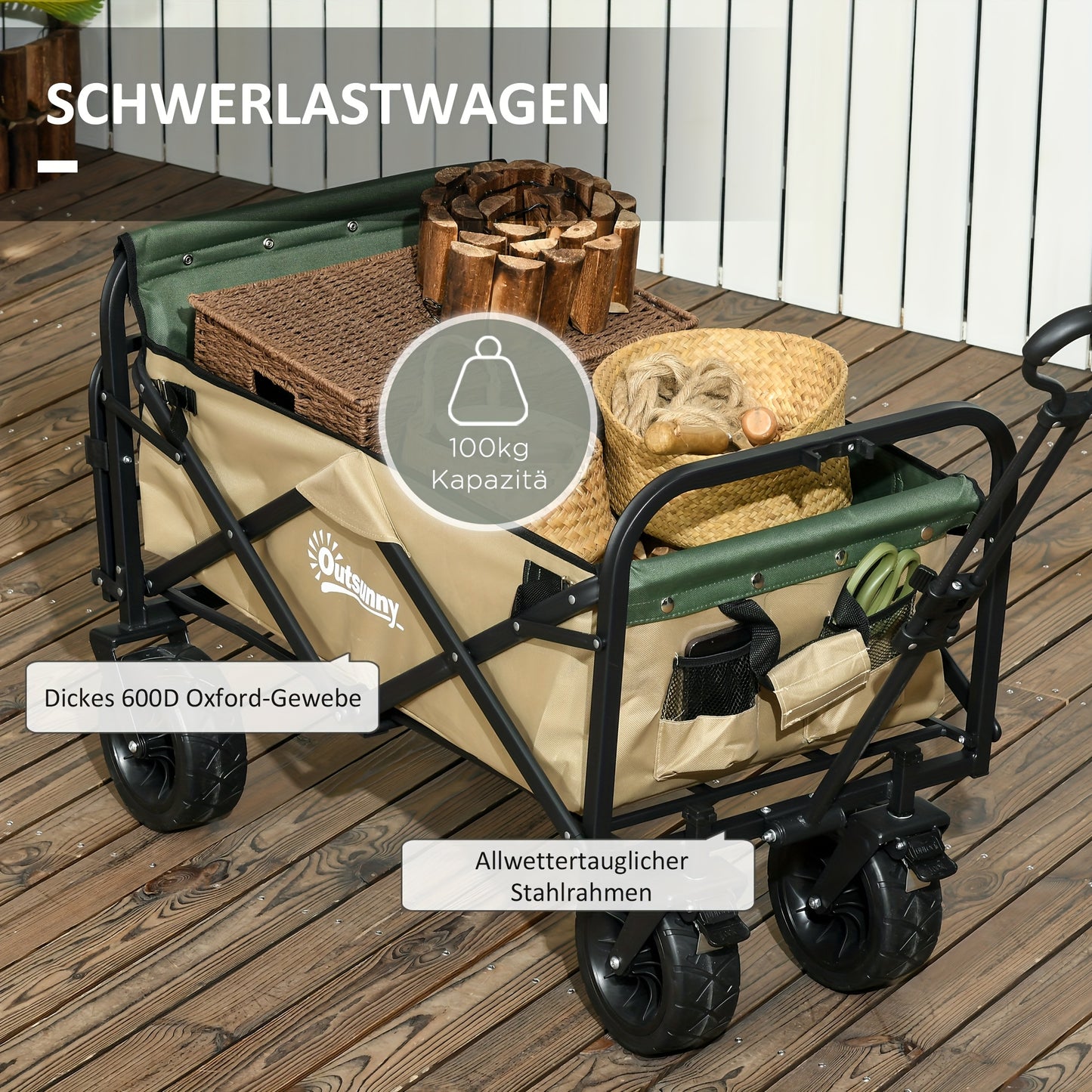 Opvouwbare Transportkar – Handwagen – Strandkar – Boodschappenwagen – Tuinkar – Kaki Groen – Draagkracht Tot 100 Kg – Stevig Oxford Materiaal