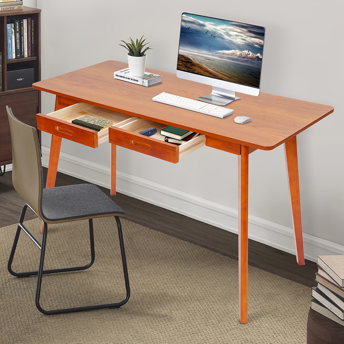 Bureau – Computerbureau – Werktafel – Studietafel – Thuiswerkplek – Walnoot Kleur – 120x55 cm – 2 Lades – Stevig Rubberhout – Stille Schuiflades