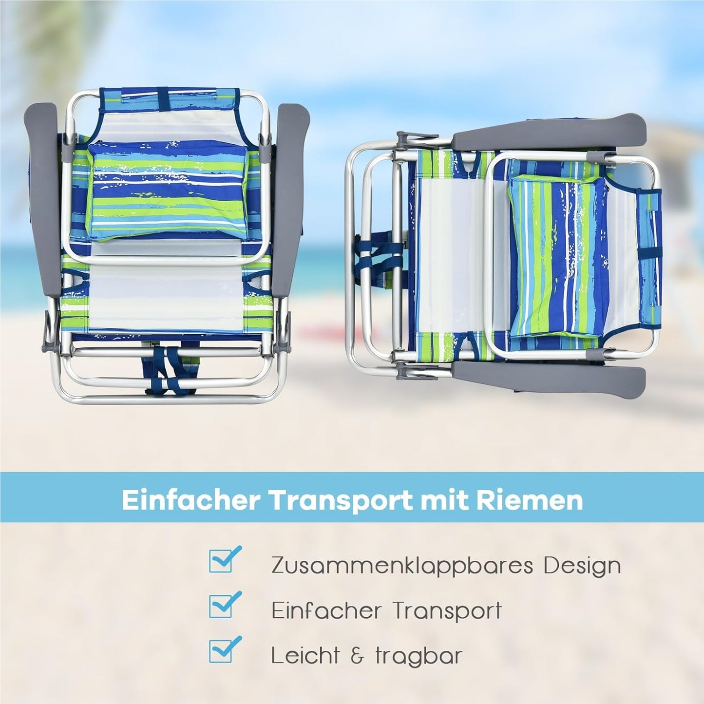 Campingstoel – Strandstoel – Kampeerstoel – Ligstoel – Tuinstoel – 3-Delige Set Blauw + Groen – Verstelbare Rugleuning – Inclusief Koelvak & Opbergvakken