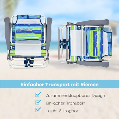 Campingstoel – Strandstoel – Kampeerstoel – Ligstoel – Tuinstoel – 3-Delige Set Blauw + Groen – Verstelbare Rugleuning – Inclusief Koelvak & Opbergvakken