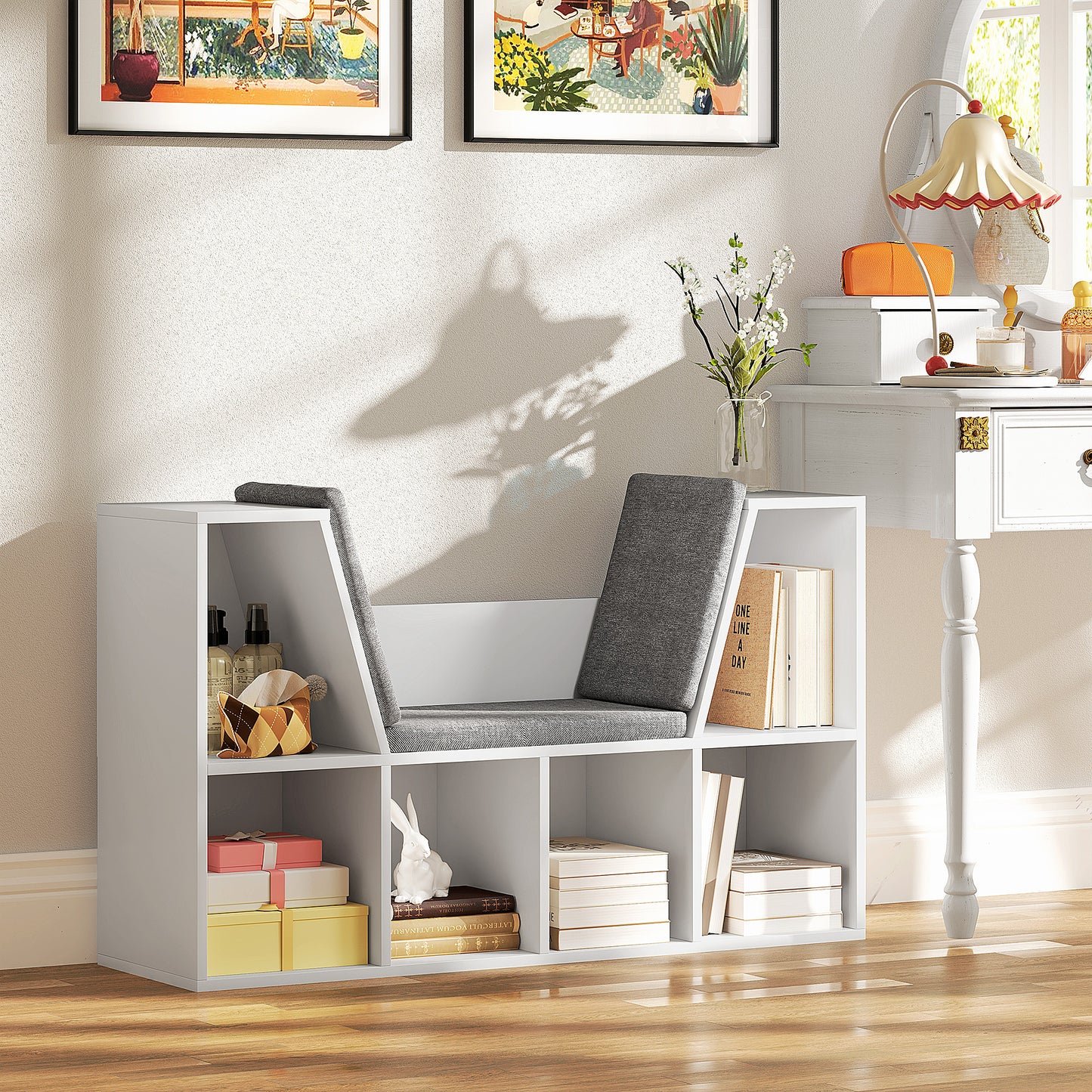 Boekenkast met Zithoek – Boekenkast – Opbergmeubel – Zitbank – Leeshoek – Wit – 6 Compartimenten – Gestoffeerde Zitting – 105x30x63 cm