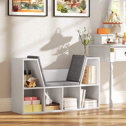 Boekenkast met Zithoek – Boekenkast – Opbergmeubel – Zitbank – Leeshoek – Wit – 6 Compartimenten – Gestoffeerde Zitting – 105x30x63 cm