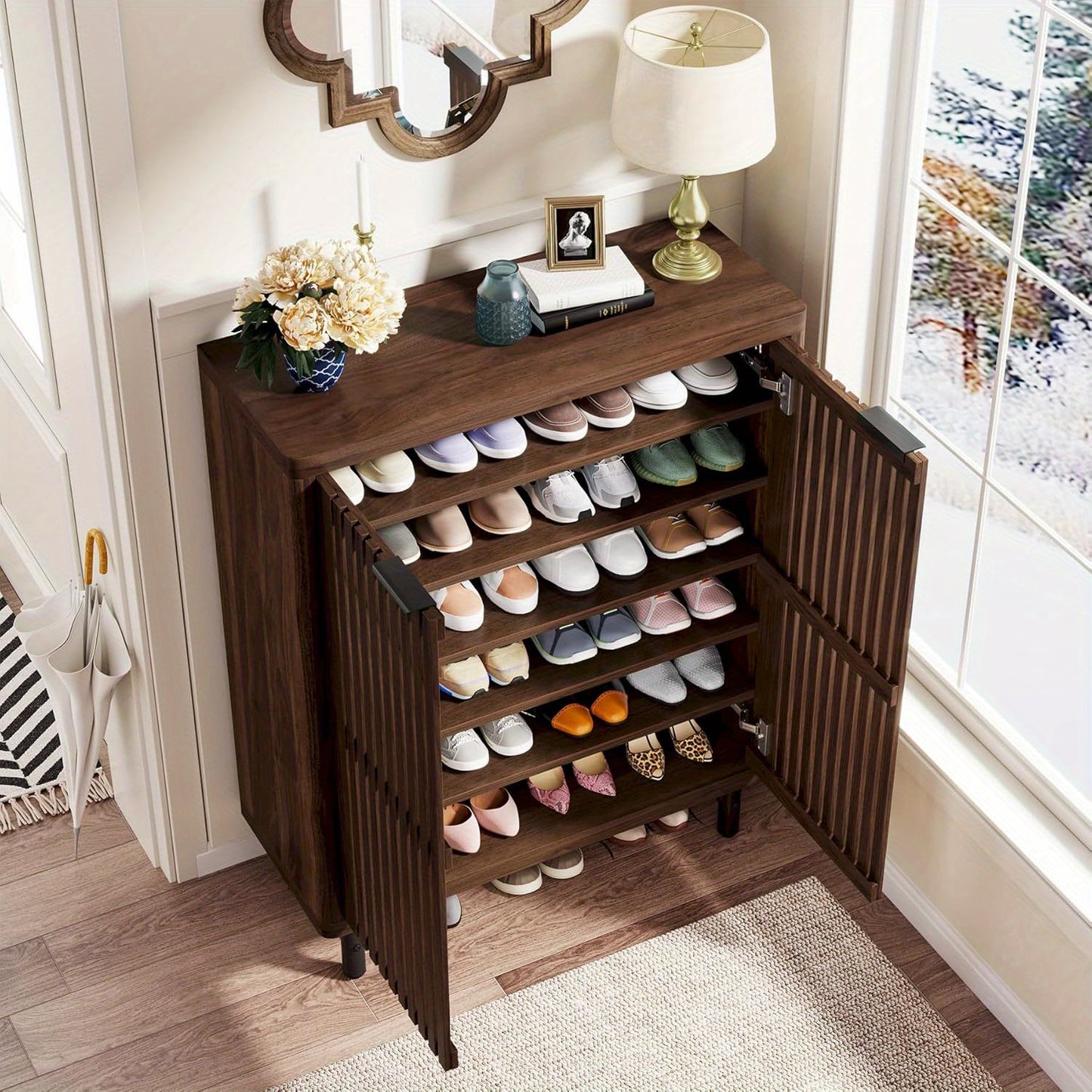 6-Tier Shoe Cabinet with Doors - Heavy-Duty Metal Construction, Holds 24 Pairs of Shoes (Space-Saving Vertical Storage), Adjustable Shelves, Modern Entryway Organizer with Ventilated Louver Doors for Living Room, Hallway, Bed