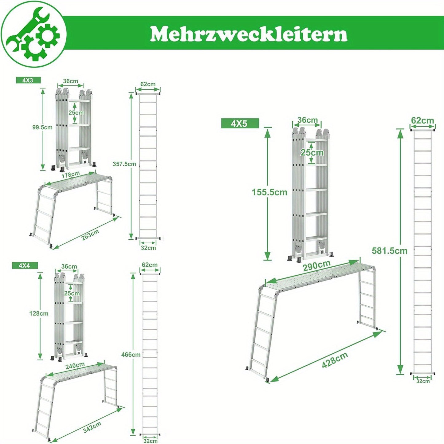 Multifunctionele Ladder – Aluminium Ladder – Vouwladder – Steiger – Werkplaatsladder – 470 cm Hoogte – 2 Afneembare Werkplatforms – 2 Ingebouwde Wielen