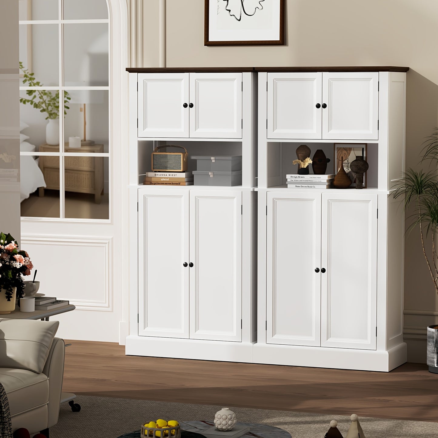 Hoge Bergkast Keukenkast – Opbergkast – Voorraadkast – Keukenkastje – Kast Met Blad – 128 cm Hoog – 4 Deuren Met Werkblad – Wit Met Tigerstripe Design