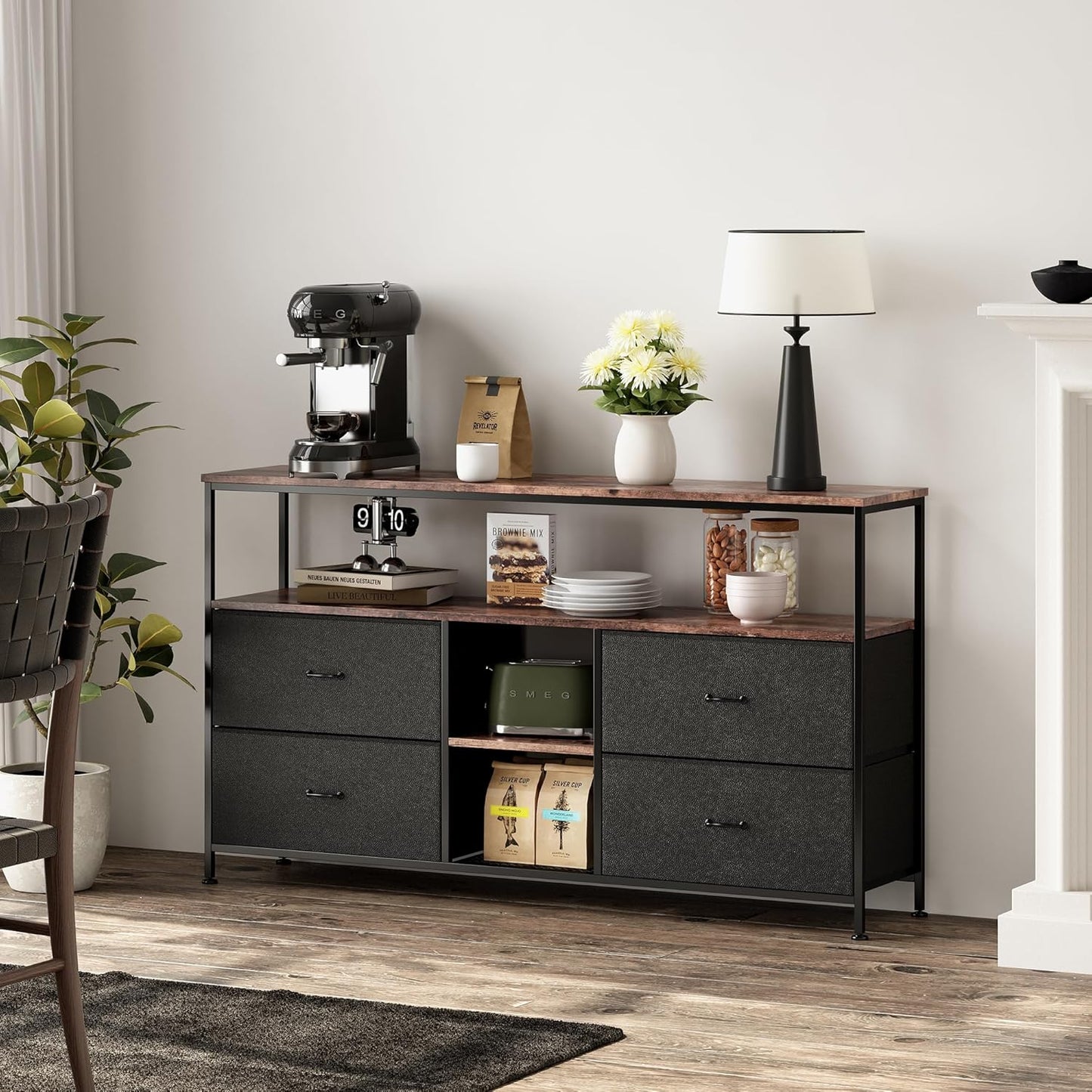 Vintage Dressoir – Ladekast – Opbergkast – Sideboard – Mediameubel – Zwart Metalen Frame – 3 Lades & 4 Open Vakken – Duurzaam MDF & Hout
