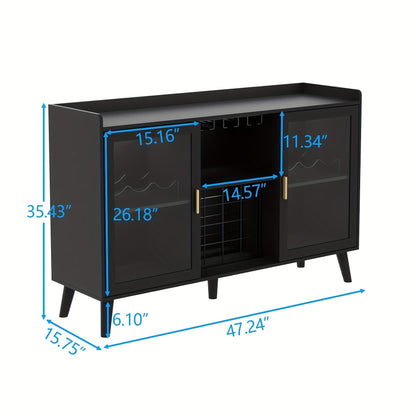Wijnopbergkast – Wijnrek Kast – Opbergkast Keuken – Buffetkast – Vrijstaande Kast Zwart – Vintage Design – 120x40x90 cm – Hout Metaal