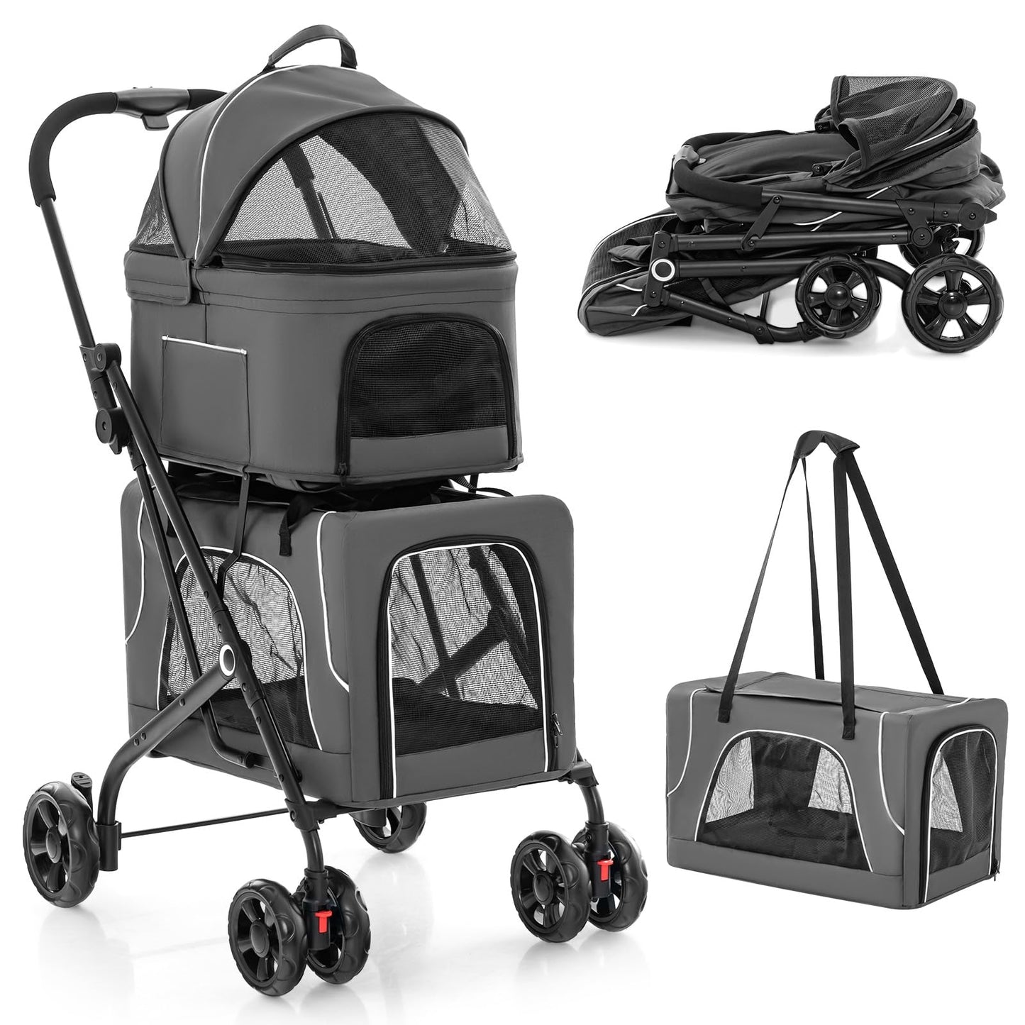 Hondenbuggy – Dierenwagen – Huisdierenwagen – Wandelwagen – Transportbox – 3-in-1 met Ventilerende Gaasramen – Inklapbaar Tot 16 kg