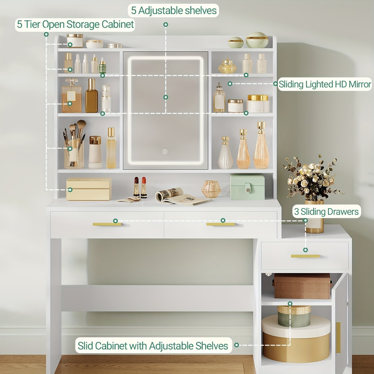 Kaptafel – Make-up Tafel – Cosmetica Tafel – Schoonheidstafel – Verzorgingstafel – Groot Tafelblad – 3 Lades en Kast – Open Planken – Witte MDF – 130x40x149 cm