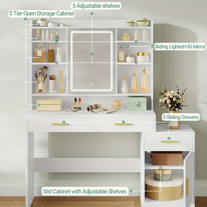 Kaptafel – Make-up Tafel – Cosmetica Tafel – Schoonheidstafel – Verzorgingstafel – Groot Tafelblad – 3 Lades en Kast – Open Planken – Witte MDF – 130x40x149 cm