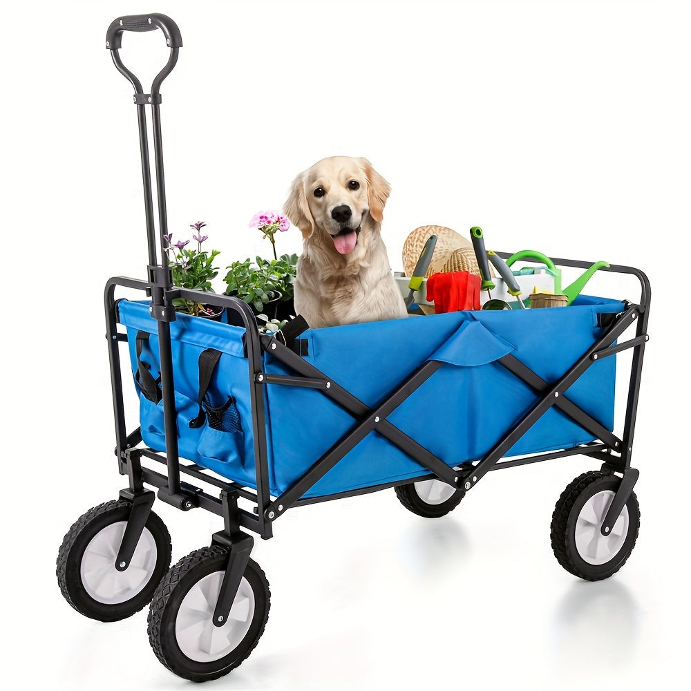 Bolderkar – Bolderwagen – Opvouwbare Handkar – Strandkar – Tuinkar – 360° Draaibare Voorwielen – Verstelbare Handgreep – Blauw – Met Bekerhouder En Zijvak
