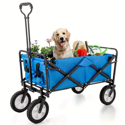 Bolderkar – Bolderwagen – Opvouwbare Handkar – Strandkar – Tuinkar – 360° Draaibare Voorwielen – Verstelbare Handgreep – Blauw – Met Bekerhouder En Zijvak