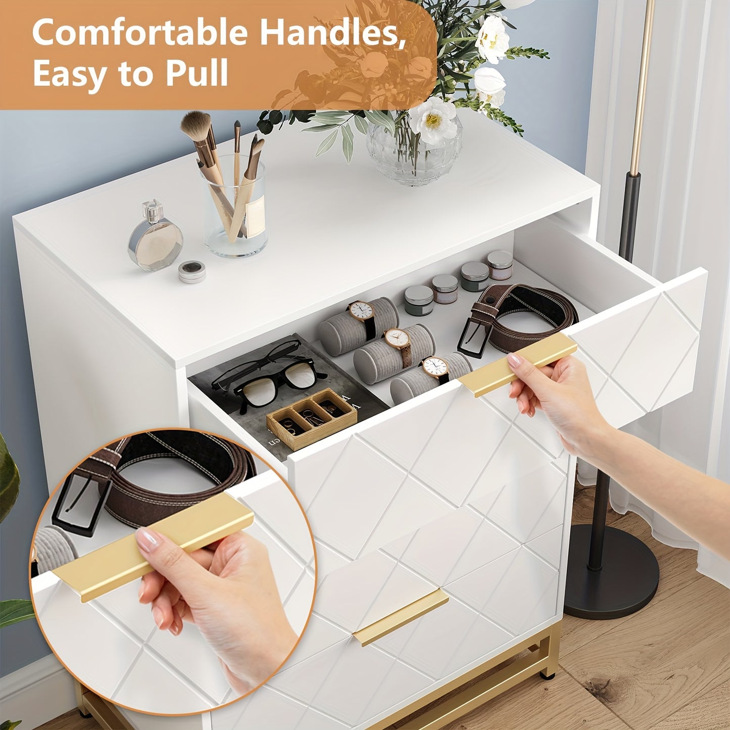 Kommode – Ladekast – Dressoir – Opbergkast – Ladekast Wit – 4 Lades – Gouden Metalen Poten – Anti-Kantel Veiligheid – Hardhout – Compact Design