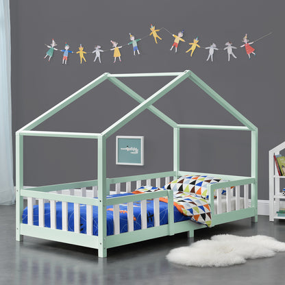 Kinderbed – Kinderbedden – Eenpersoonsbed – Hoogslaper – Stapelbed – Huisvormig Design – Valbeveiliging – Grenenhout – 140x200 cm