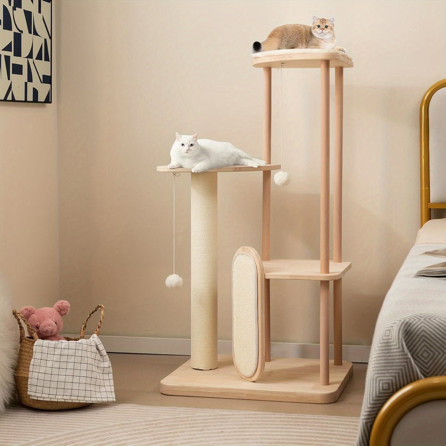 Krabpaal – Kattenboom – Kattenhuis – Kattentoren – Krabmeubel – Massief Hout – 112 cm Hoog – Inclusief Krabpaal Met Sisal Touw & Hangbal
