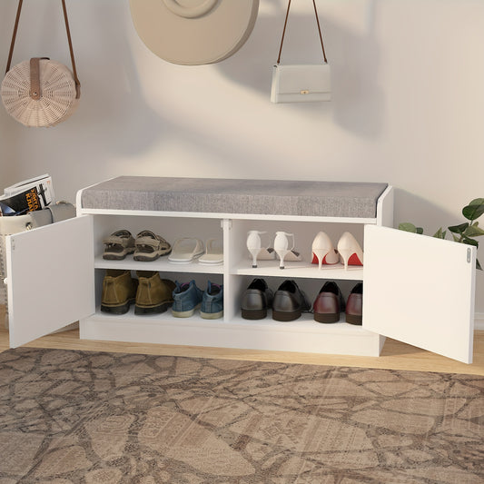 White & Gray Shoe Storage Bench with 2-Door Cabinet & Cushioned - Adjustable Shelves Entryway Hallway Bench, Space-Saving Low-Profile Shoe Rack Cabinet for Narrow Hallways, Bedrooms, Doorways - Compact Shoe Organizer Furniture