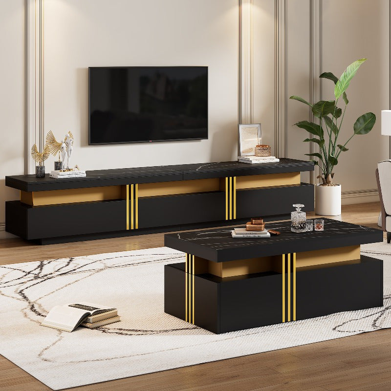 TV Wandmeubel Zwart Metaal – Mediameubel – Tv Meubel – Opbergkast – Salontafel Combinatie – Gouden Accent Poten – Duurzaam Metalen Frame – Gemakkelijk Montage