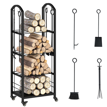 4-laags Beukenhout Opbergstandaard – Houtrek – Standaard – Tuinrek – Gereedschapsrek – Metalen Constructie – Verhoogde Basis – Zwenkwieltjes