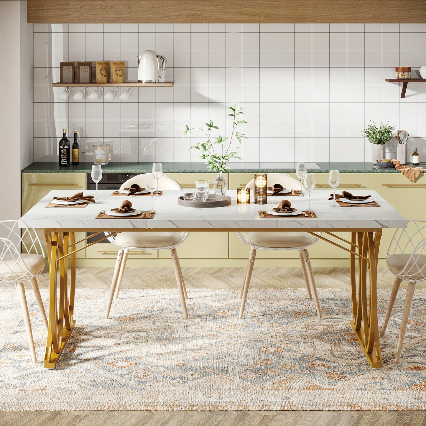 Eettafel – Tafel – Dinertafel – Keukentafel – Dining Table – Grote Witte & Gouden Rechthoekige Eettafel – MDF Marmerlook Blad – Stevig Metalen Frame 81,65 KG draagvermogen